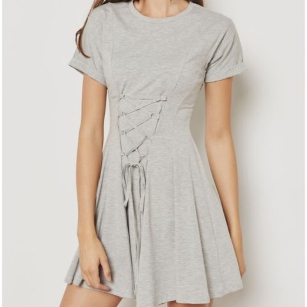 Topshop Grey Jersey Knit Tshirt Dress, Lace Corset Front, size US 4, EUC